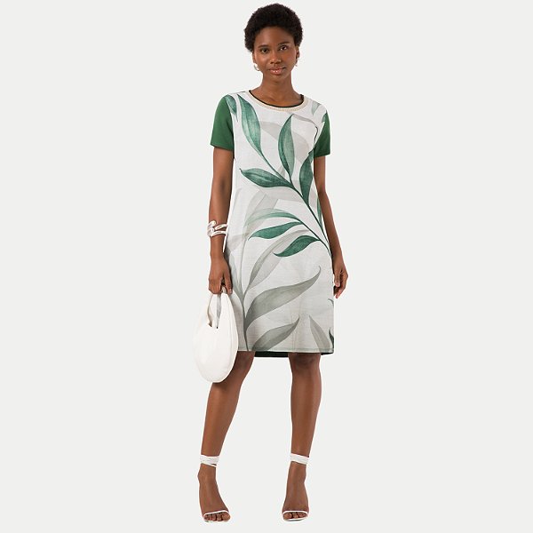 VESTIDO LUNENDER MANGA CURTA MISTO ESTAMPADO VERDE FEMININO ADULTO