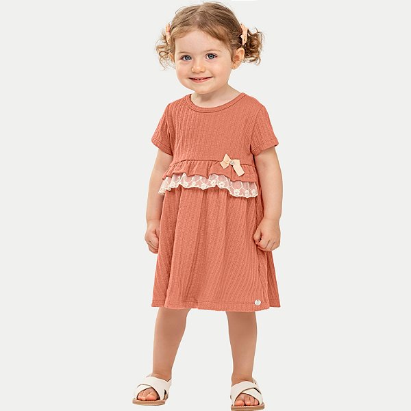 VESTIDO ANGERO MANGA CURTA MALHA COM RENDA PEACH FEMININO INFANTIL