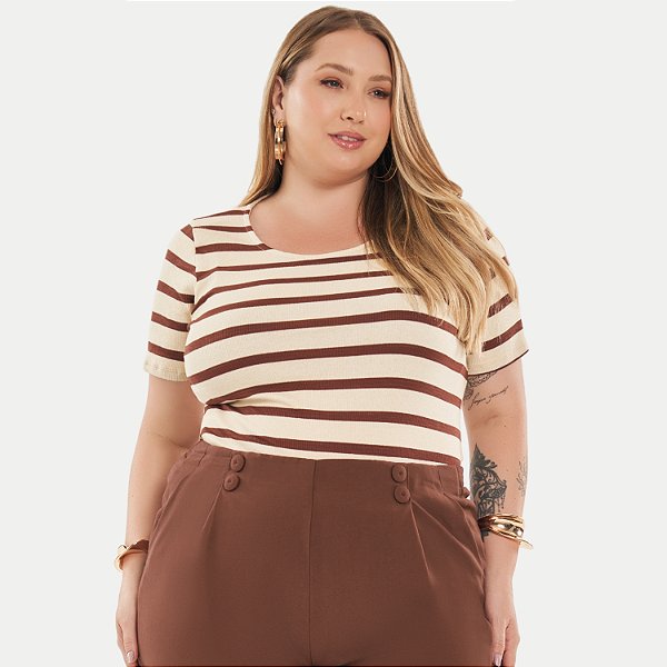 BLUSA LISAMOUR MANGA CURTA MALHA CANELADA LISTRADA MARROM FEMININA ADULTO