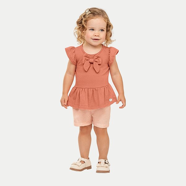 CONJUNTO VERÃO ANGERO SHORT E BLUSA MANGA CURTA MALHA PESSÊGO FEMININO INFANTIL