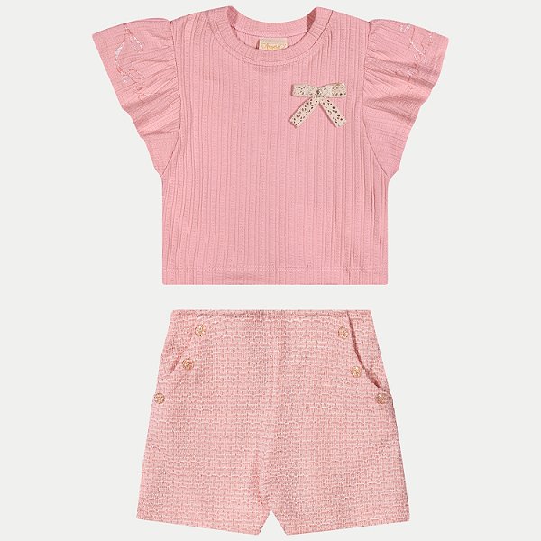 CONJUNTO VERÃO ANGERO SHORT E BLUSA MANGA CURTA ROSE FEMININO INFANTIL