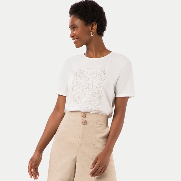 BLUSA LUNENDER MANGA CURTA TSHIRT ALGODÃO BORDADO OFFWHITE FEMININA ADULTO