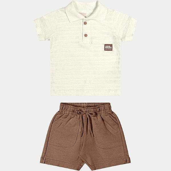 CONJUNTO VERÃO ANGERO BERMUDA E POLO MANGA CURTA OFFWHITE MASCULINO INFANTIL