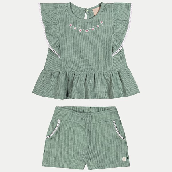 CONJUNTO VERÃO ANGERO SHORT E BLUSA MANGA CURTA VERDE FEMININO INFANTIL