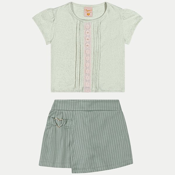 CONJUNTO VERÃO ANGERO SHORT SAIA E BLUSA MANGA CURTA VERDE FEMININO INFANTIL