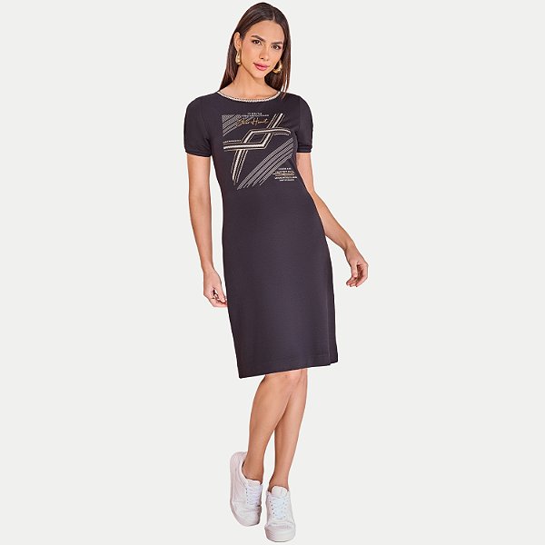 VESTIDO MIRA VEST MANGA CURTA MOLETINHO SILKADO PRETO FEMININO ADULTO