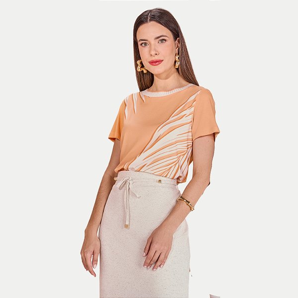 BLUSA MIRA VEST MANGA CURTA MISTA ESTAMPADA LARANJA FEMININA ADULTO