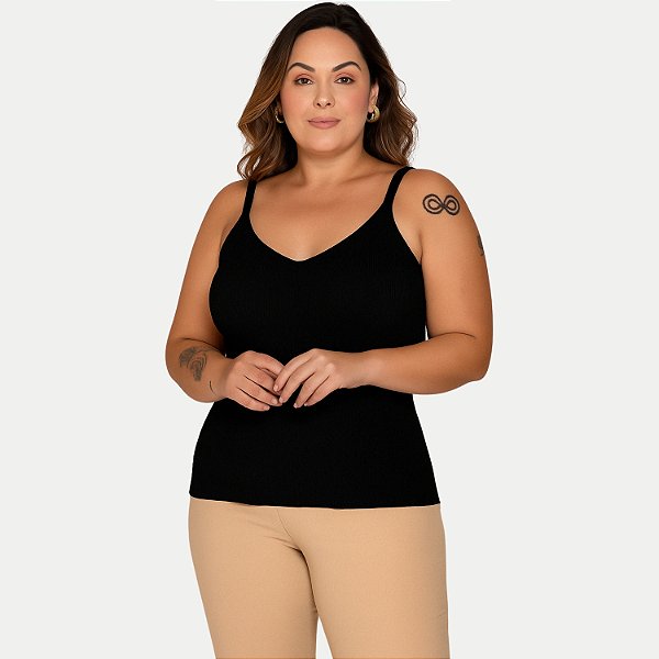 BLUSA KENIA CAMÕES REGATA  VISCOLINHO PRETA FEMININA ADULTO