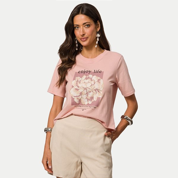 BLUSA DOCE TRAMA MANGA CURTA TSHIRT ALGODÃO SILKADA ROSA FEMININA ADULTO