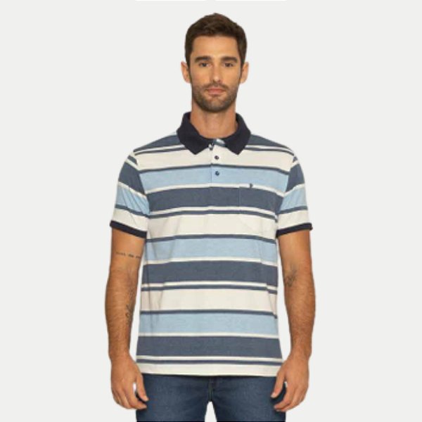 POLO PITT MANGA CURTA COMFORT MALHA LISTRADA AZUL JEANS MASCULINA ADULTO