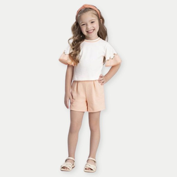 CONJUNTO VERÃO ALAKAZOO SHORT E BLUSA MANGA CURTA SALMÃO MALHA FEMININO INFANTIL