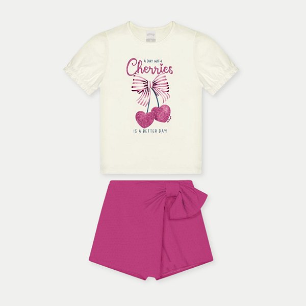 CONJUNTO VERÃO ALAKAZOO SHORT E BLUSA MANGA CURTA ROSA DE MALHA FEMININO INFANTIL