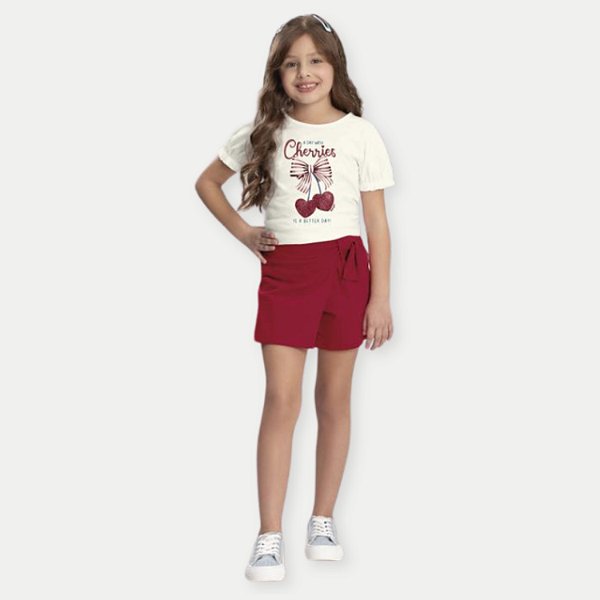 CONJUNTO VERÃO ALAKAZOO SHORT E BLUSA MANGA CURTA VERMELHO DE MALHA FEMININO INFANTIL