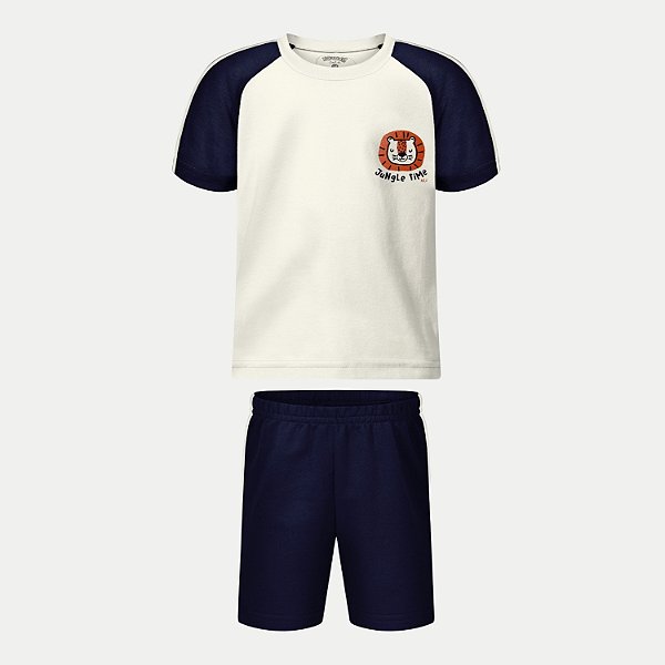 CONJUNTO VERÃO ALAKAZOO BERMUDA E CAMISETA MANGA CURTA OFFWHITE DE MALHA MASCULINO INFANTIL