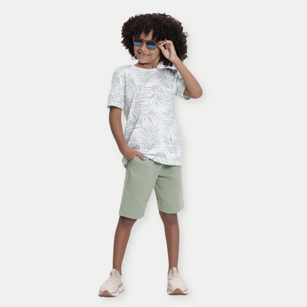 CONJUNTO VERÃO ALAKAZOO BERMUDA E CAMISETA MANGA CURTA VERDE DE MALHA MASCULINO INFANTIL