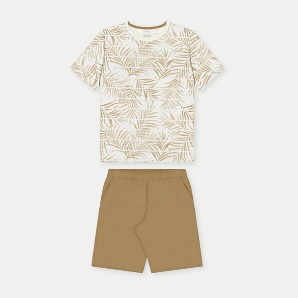 CONJUNTO VERÃO ALAKAZOO BERMUDA E CAMISETA MANGA CURTA BEGE DE MALHA MASCULINO INFANTIL