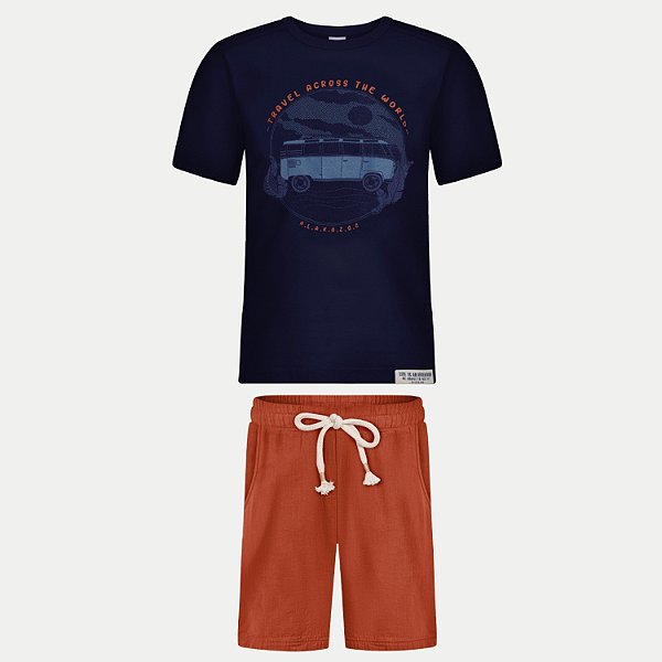 CONJUNTO VERÃO ALAKAZOO BERMUDA LINHO E CAMISETA MANGA CURTA AZUL MARINHO MASCULINO INFANTIL