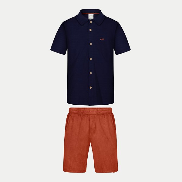 CONJUNTO VERÃO ALAKAZOO BERMUDA LINHO E CAMISA MANGA CURTA AZUL MARINHO MASCULINO INFANTIL