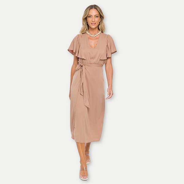 VESTIDO DOCE TRAMA MANGA CURTA BEGE DE VISCOSE FEMININO ADULTO