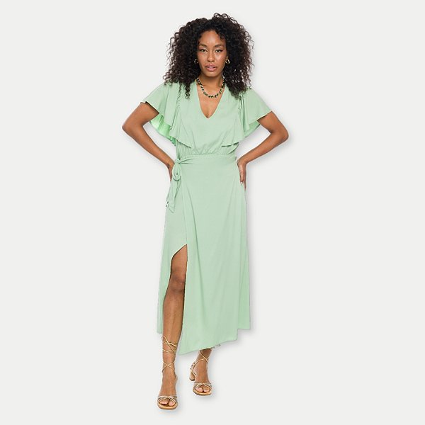 VESTIDO DOCE TRAMA MANGA CURTA VERDE DE VISCOSE FEMININO ADULTO