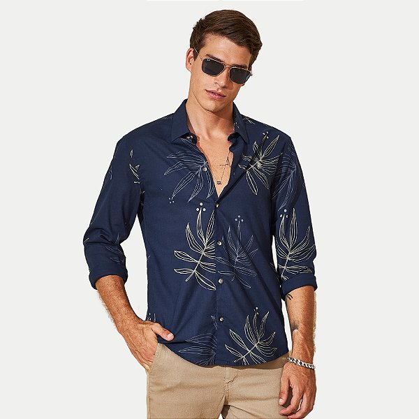 CAMISA PACO MANGA LONGA SLIM VISCOLINHO ESTAMÁDA AZUL MARINHO MASCULINO ADULTO