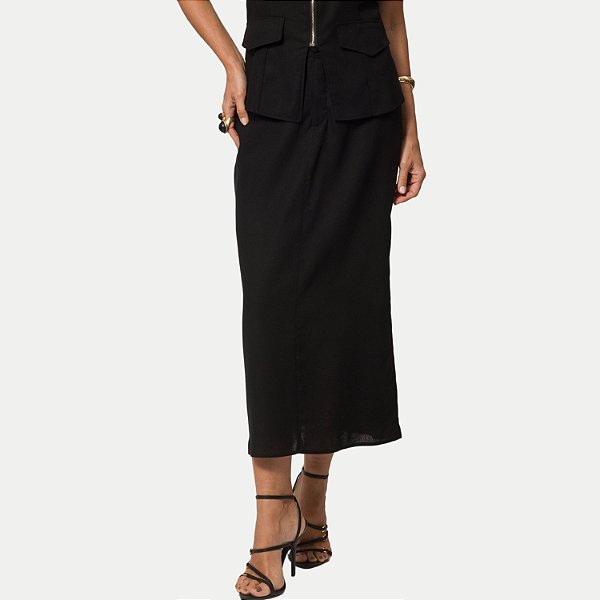 SAIA DOCE TRAMA ALGODÃO MIDI PRETA FEMININA ADULTO