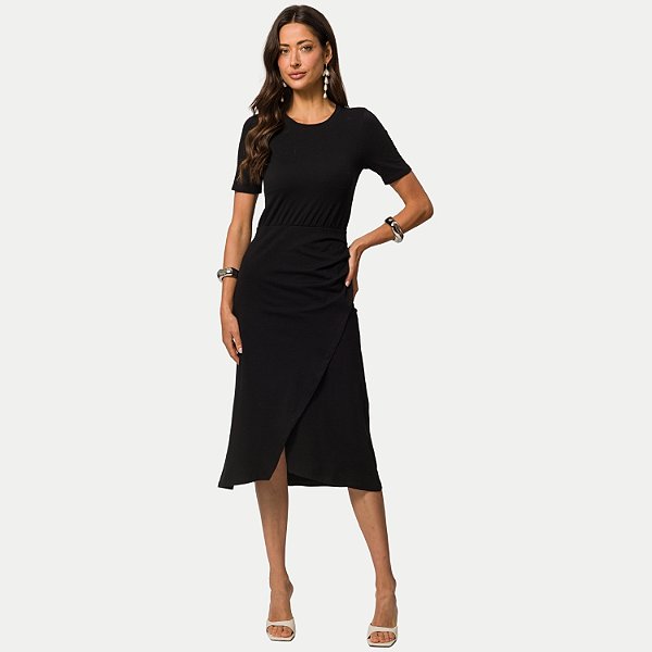 VESTIDO DOCE TRAMA MANGA CURTA DE MALHA MIDI PRETO FEMININO ADULTO