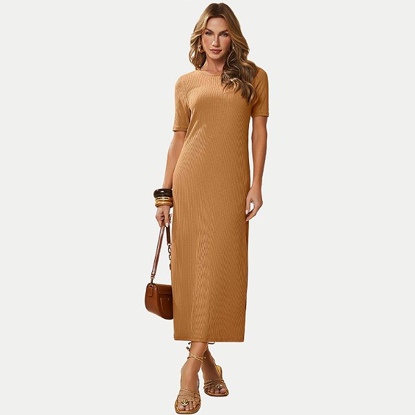 VESTIDO DOCE TRAMA MANGA CURTA DE MALHA CANELADA MIDI MARROM FEMININO ADULTO