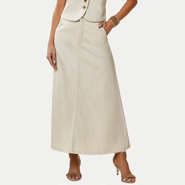 SAIA DOCE TRAMA DE BRIM LONGA BEGE CLARO FEMININA ADULTO