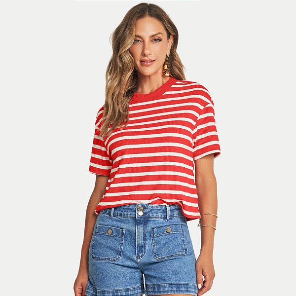 BLUSA DOCE TRAMA MANGA CURTA DE MALHA CANELADA LISTRADA VERMELHO FEMININA ADULTO