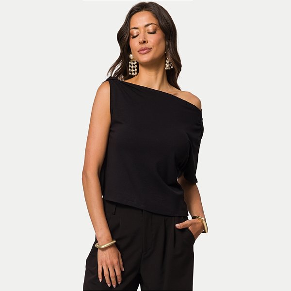 BLUSA DOCE TRAMA MANGA CURTA DE MALHA PRETA FEMININA ADULTO