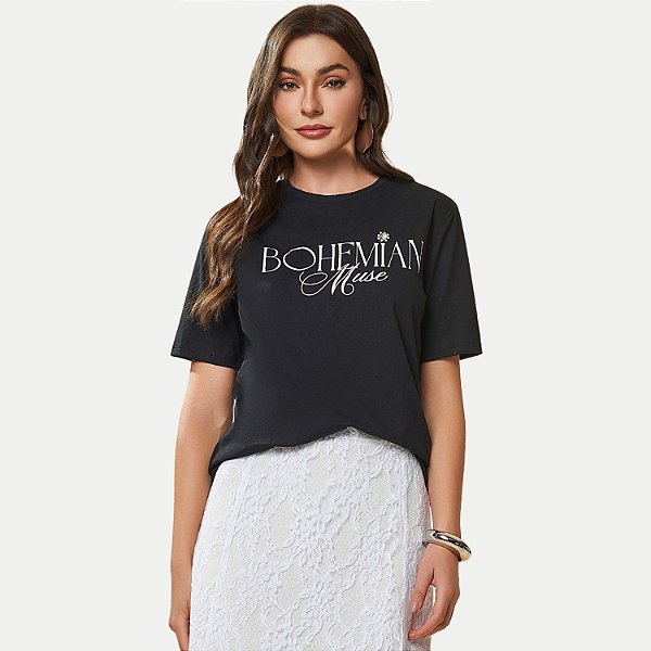 BLUSA DOCE TRAMA MANGA CURTA TSHIRT PRETA ALGODÃO SILKADA FEMININA ADULTO