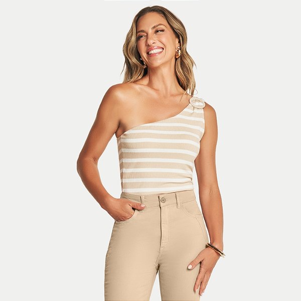 BLUSA DOCE TRAMA NULA MANGA BEGE DE MALHA CANELADA FEMININA ADULTO