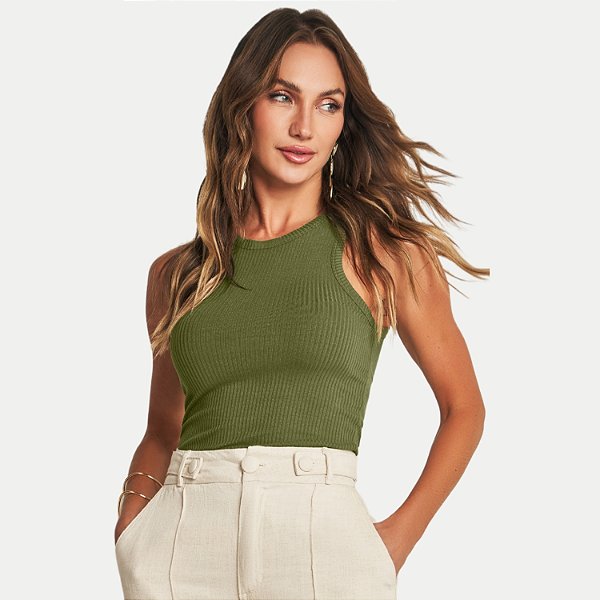 BLUSA DOCE TRAMA REGATA VERDE DE MALHA CANELADA FEMININA ADULTO