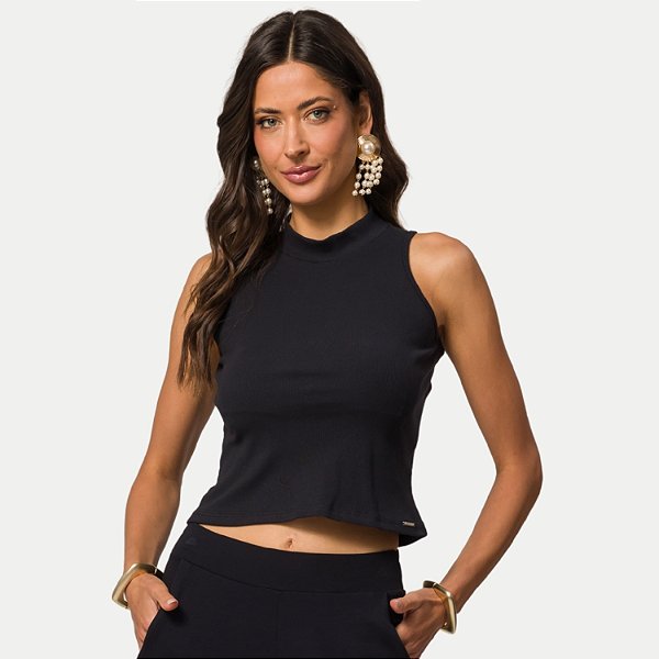 BLUSA DOCE TRAMA REGATA PRETA DE  MALHA CANELADA FEMININA ADULTO