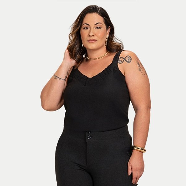 BLUSA KENIA CAMÕES REGATA PRETA DE VISCOLINHO FEMININA ADULTO