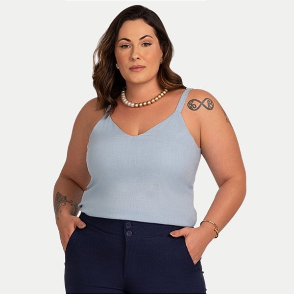 BLUSA KENIA CAMÕES REGATA VISCOLINHO AZUL FEMININA ADULTO