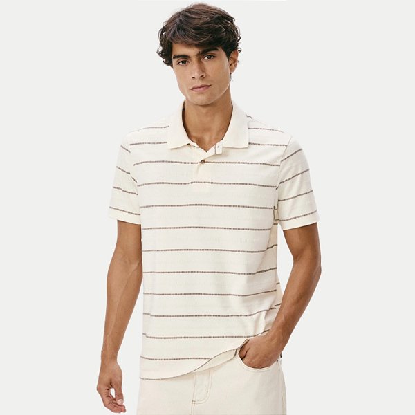 POLO HERING MANGA CURTA OFFWHITE COMFORT MALHA LISTRADA MASCULINO ADULTO