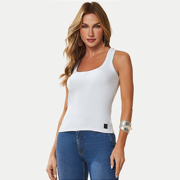 BLUSA DOCE TRAMA REGATA MALHA CANELADA BRANCO FEMININA ADULTO