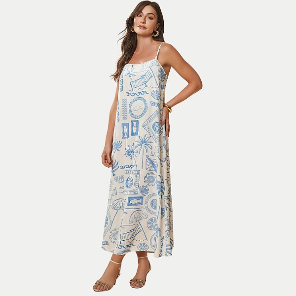 VESTIDO DOCE TRAMA REGATA VISCOSE ESTAMPADA AZUL JEANS FEMININO ADULTO