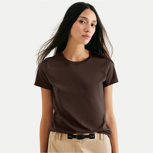 BLUSA HERING MANGA CURTA TSHIRT ALGODÃO LISA MARROM FEMININO ADULTO