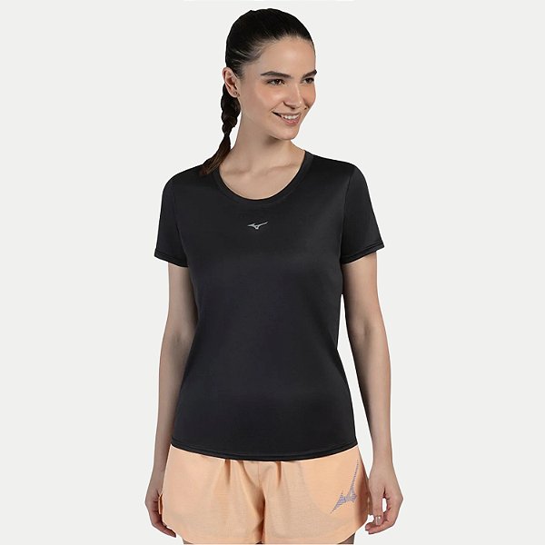 BLUSA MIZUNO MANGA CURTA FITNESS POLIESTER PRETO FEMININA ADULTO