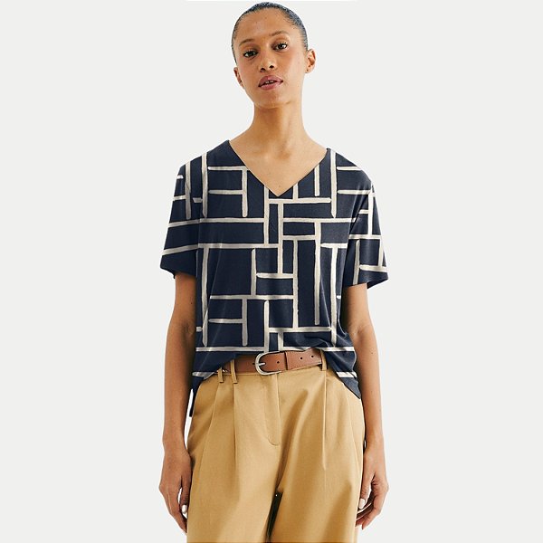 BLUSA HERING MANGA CURTA VISCOSE ESTAMPADA AZUL MARINHO FEMININA ADULTO
