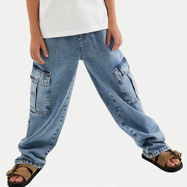CALÇA HERINGKIDS JEANS CLARO BRUTO CARGO MASCULINO INFANTIL