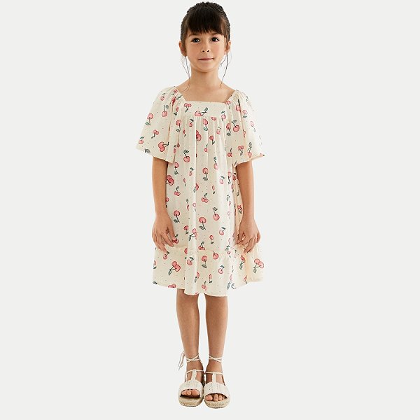 VESTIDO HERINGKIDS MANGA CURTA VISCOSE ESTAMPADO OFFWHITE FEMININA INFANTIL