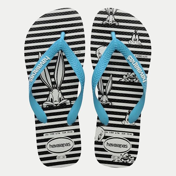 CHINELO HAVAIANAS TOP WARNER LOGOMANIA BRANCO COM AZUL FEMININO ADULTO