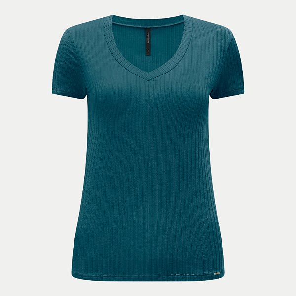 BLUSA LUNENDER MANGA CURTA MALHA CANELADA PETROLEO FEMININA ADULTO