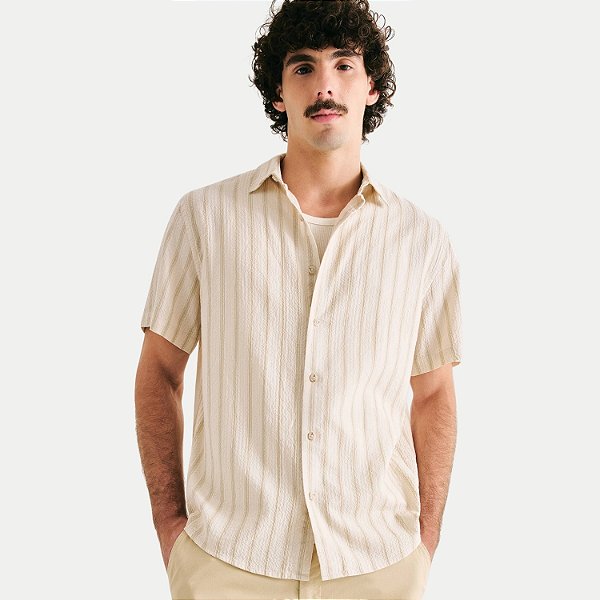 CAMISA HERING MANGA CURTA COMFORT MISTA LISTRADA OFFWHITE MASCULINA ADULTO