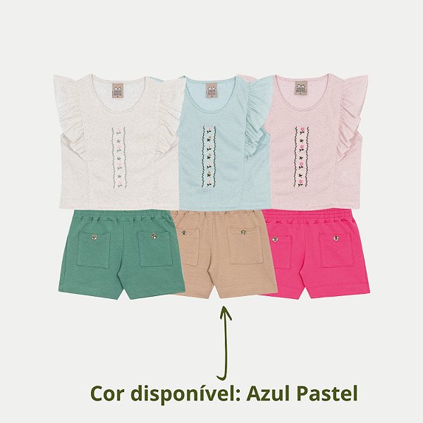 CONJUNTO VERÃO RANDA MUNDU SHORT E BLUSA MANGA CURTA MALHA AZUL PASTEL FEMININO INFANTIL