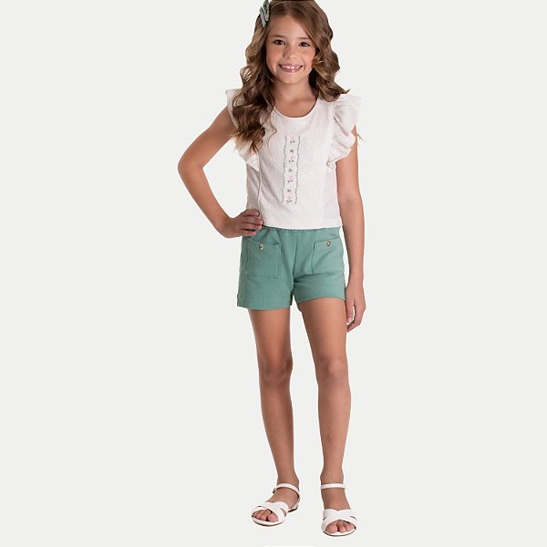 CONJUNTO VERÃO RANDA MUNDU SHORT E BLUSA MANGA CURTA MALHA LINHO FEMININO INFANTIL